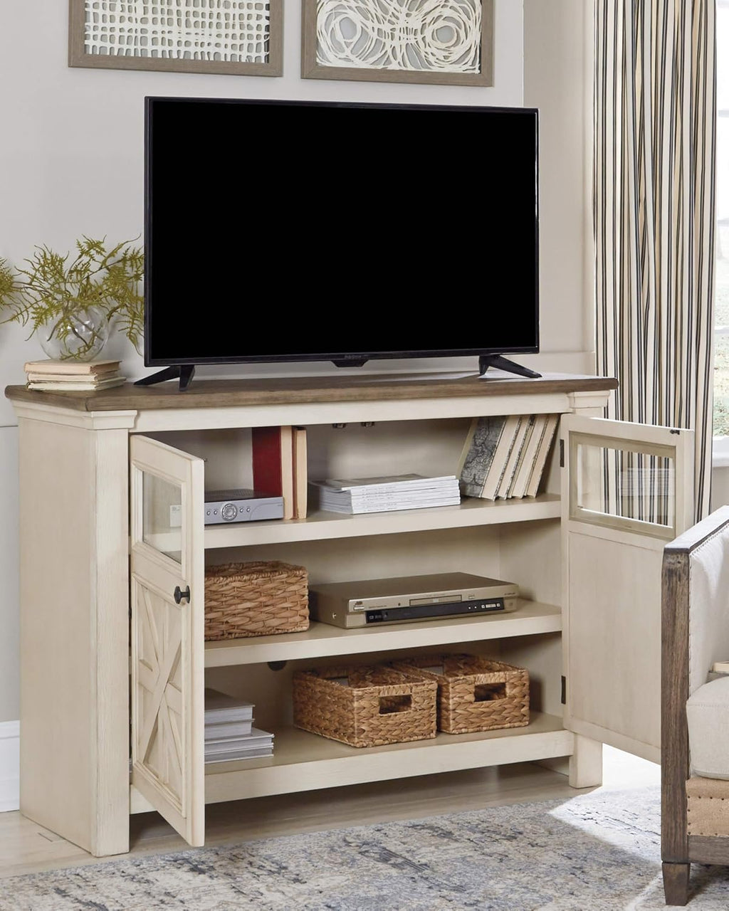 Signature Design by Ashley Bolanburg Farmhouse TV Stand for TVs up to 72, Whitewash A9526