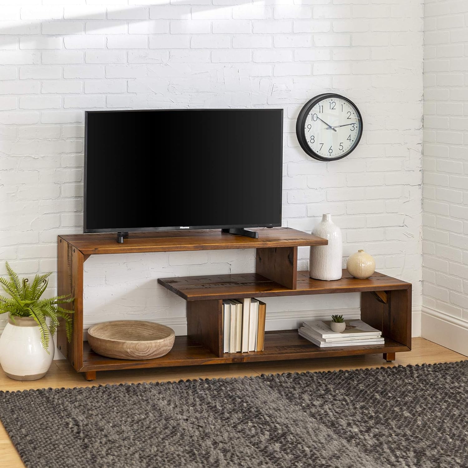 Walker Edison Meier Contemporary 2 Tier Asymmetrical Solid Wood TV Stand for TVs up to 50 Inches, 60 Inch, Grey