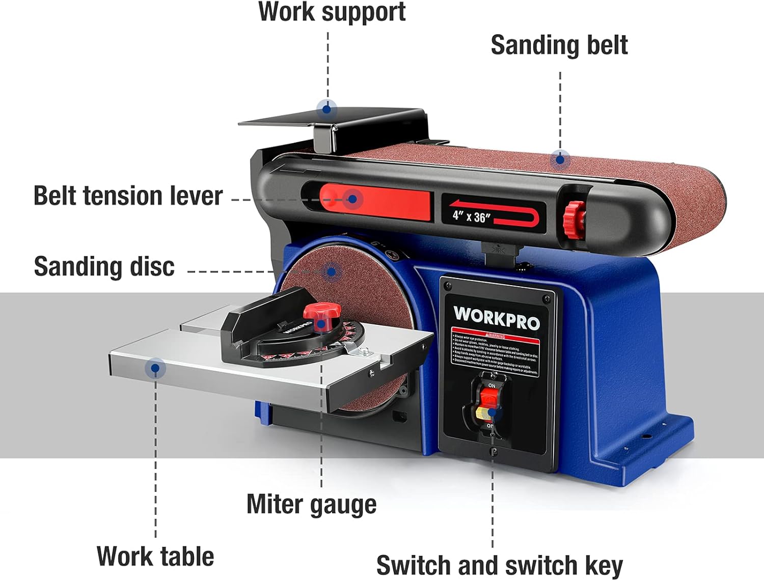 WORKPRO Belt Disc Sander, 4 x 36 in. Belt & 6 in. Disc, Cast Iron Base A41660