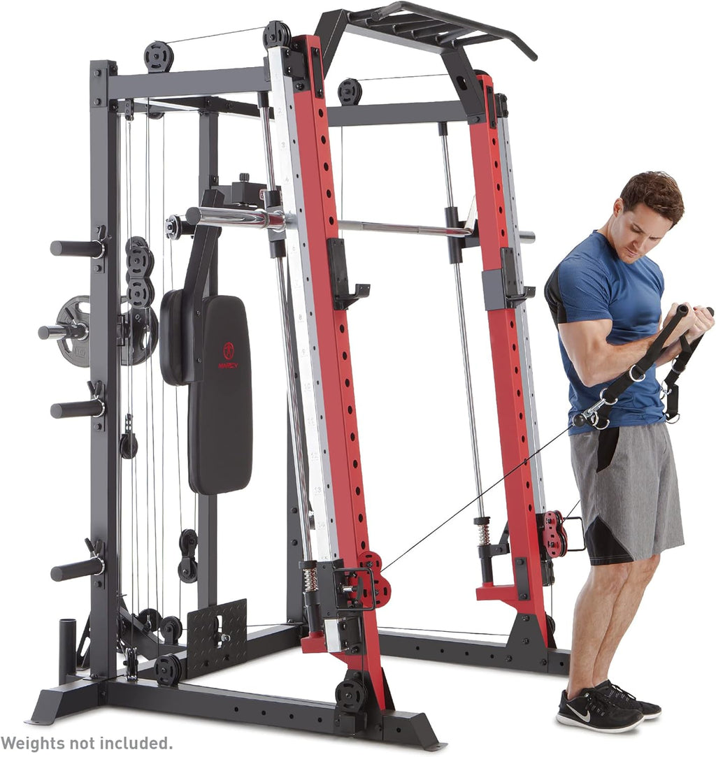 Marcy Smith Machine Cage System Home Gym Multifunction Rack, Customizable Training Station SM-4033, Red
