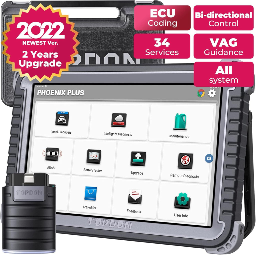 Diagnostic Tool TOPDON Phoenix Plus Bidirectional Scan Tool with 10.1-inch Screen Advanced ECU Coding, Key Matching, All System Scanner, 34 Reset Service, AutoAuth for FCA SGW, 2 Years Free Update