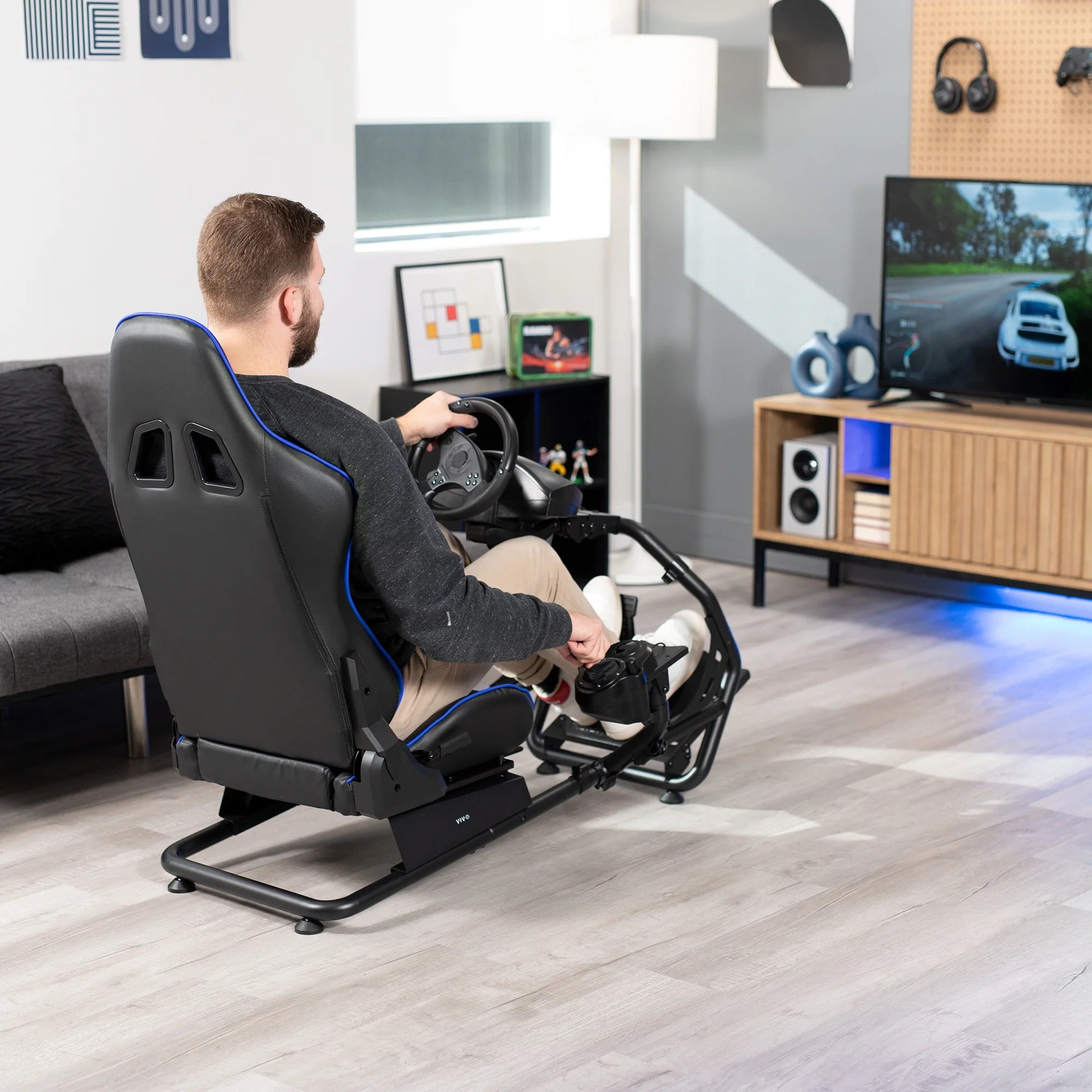 VIVO Black + Blue Racing Simulator Cockpit with Wheel Stand and Reclining Seat R696