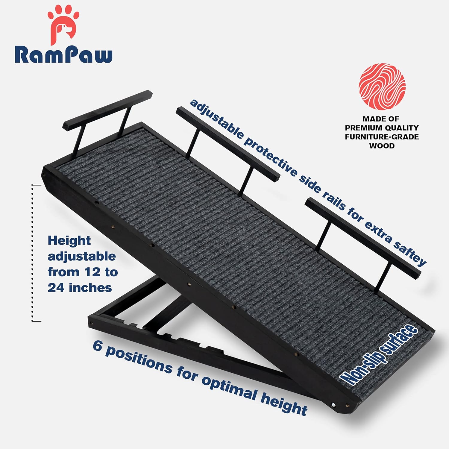 Rampaw Adjustable Pet Ramp for Small Dogs and Cats, Non-Slip, 12-24 in, Black T447371