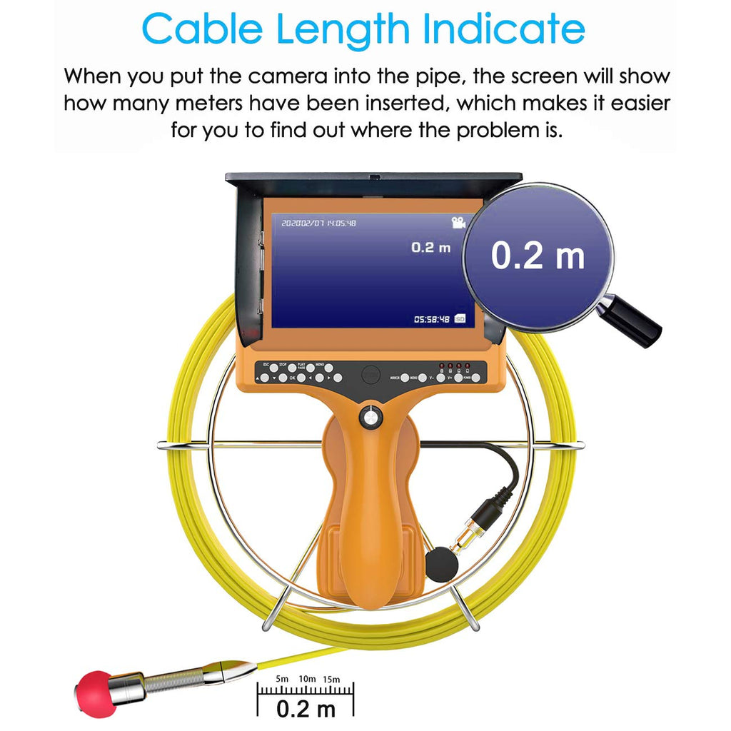Sewer Camera with Distance Counter, Pipe Inspection System IP68 Waterproof, 7" Monitor 20M/65ft Y231555