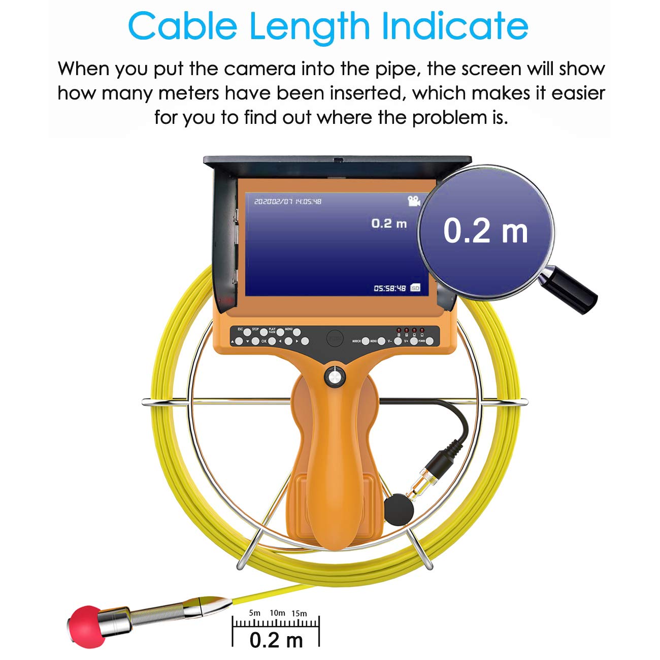 Sewer Camera with Distance Counter, Pipe Inspection System IP68 Waterproof, 7" Monitor 20M/65ft Y231555