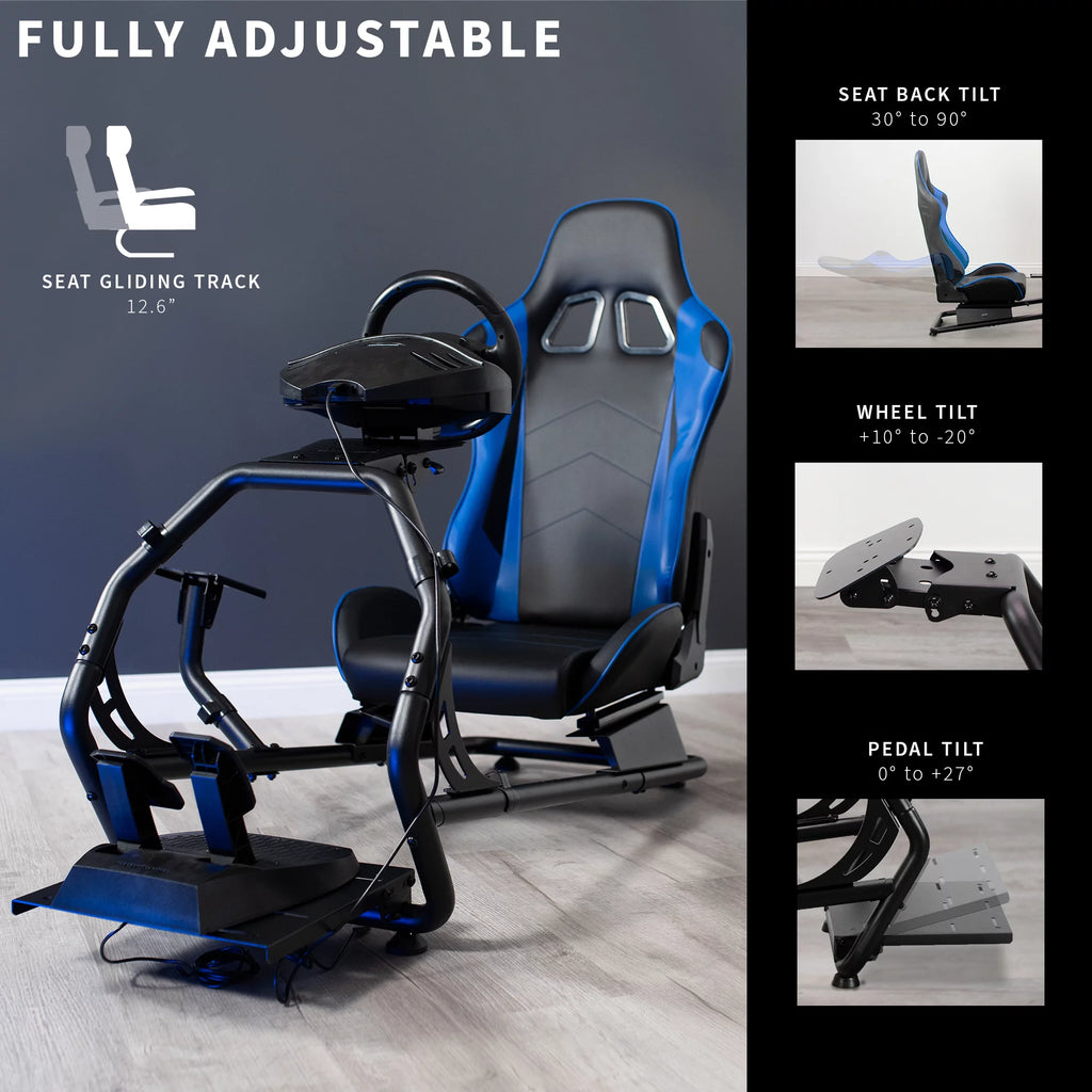 VIVO Black + Blue Racing Simulator Cockpit with Wheel Stand and Reclining Seat R696