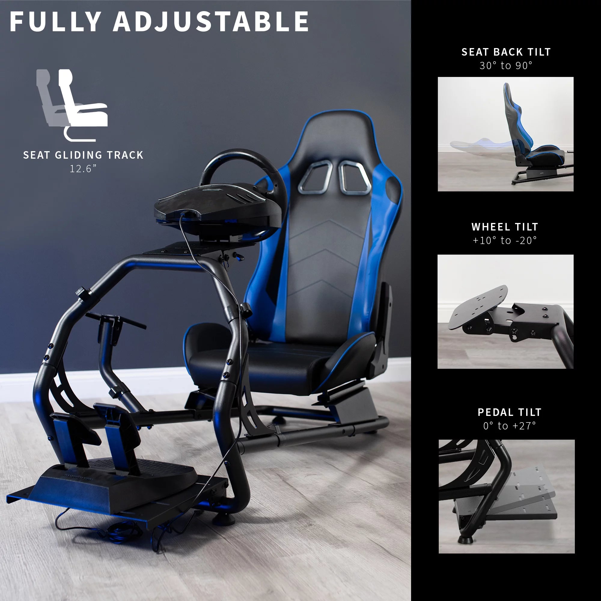 VIVO Black + Blue Racing Simulator Cockpit with Wheel Stand and Reclining Seat R696