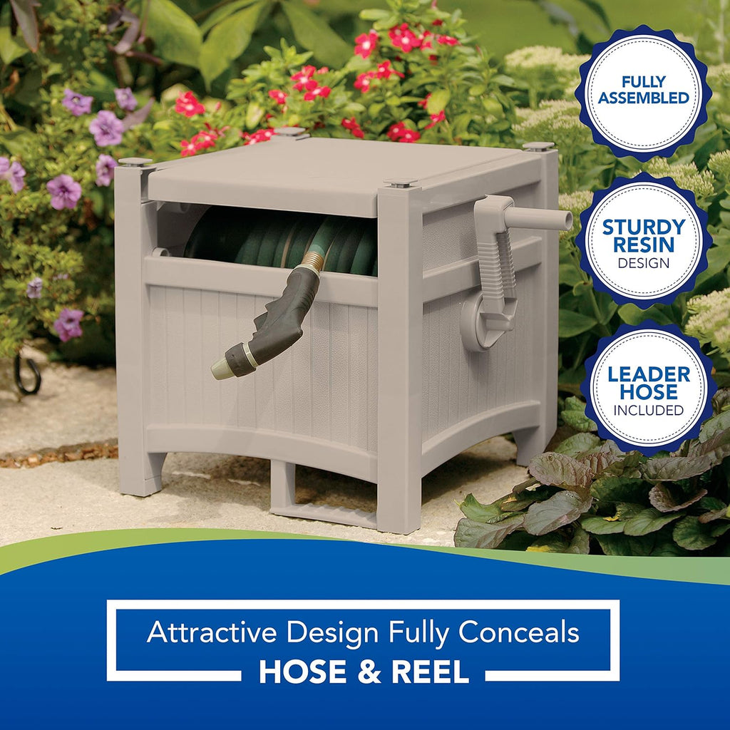Suncast Resin Outdoor Hideaway Storage Reel with Crank Handle, 100 ft, Taupe U930887