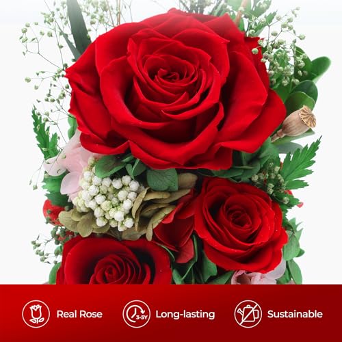 Forever Fresh Rose Flower Bouquet in Glass Dome, Preserved Purple Flowers J370