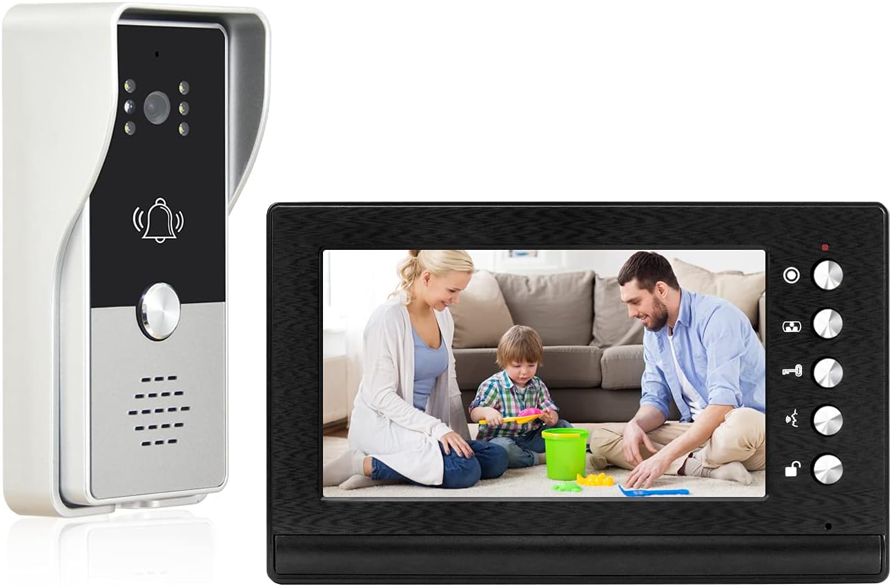 TONCONT Video Intercom System, 7 Monitor Video Doorbell Visual Door Phone Kits, Wired Video Door Entry System, IR Night Vision Camera, Unlock, Dual-Way Intercom for Home Villa Houses (Black)