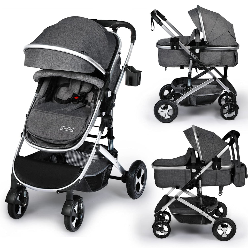 Kinder King 2 in 1 Convertible Baby Stroller, Folding High Landscape Infant Carriage, Newborn Reversible Bassinet Pram, Adjustable Canopy, Diaper Bag, Anti-Shock Toddler Pushchair Stroller, Dark Grey