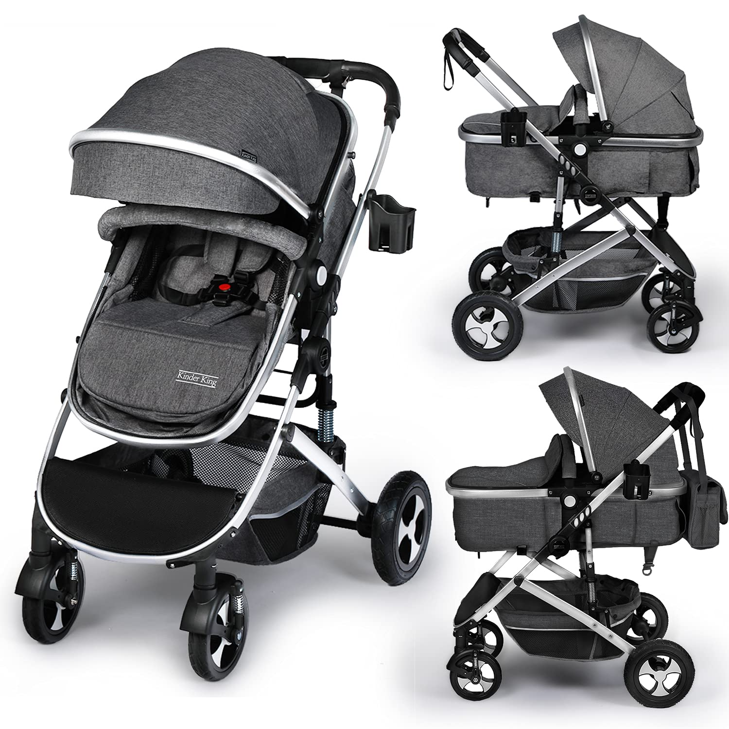 Kinder King 2 in 1 Convertible Baby Stroller, Folding High Landscape Infant Carriage, Newborn Reversible Bassinet Pram, Adjustable Canopy, Diaper Bag, Anti-Shock Toddler Pushchair Stroller, Dark Grey