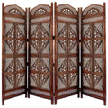 Traditional Four Panel Wooden Room Divider with Hand Carved Details, Antique Brown