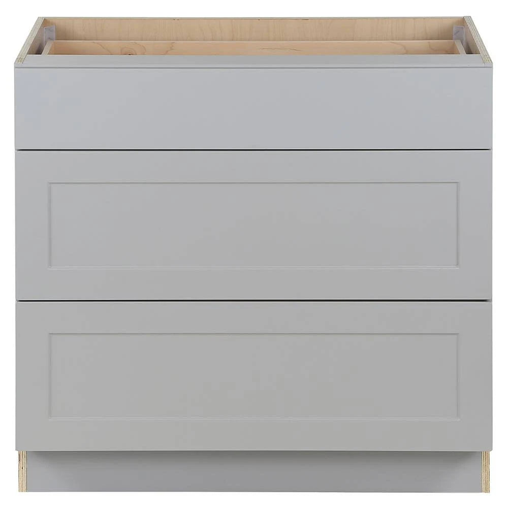 Hampton Bay Cambridge Shaker Assembled 36 in. x 35 in. x 24.5 in. Base Cabinet with 3-Soft Close Drawers in Gray