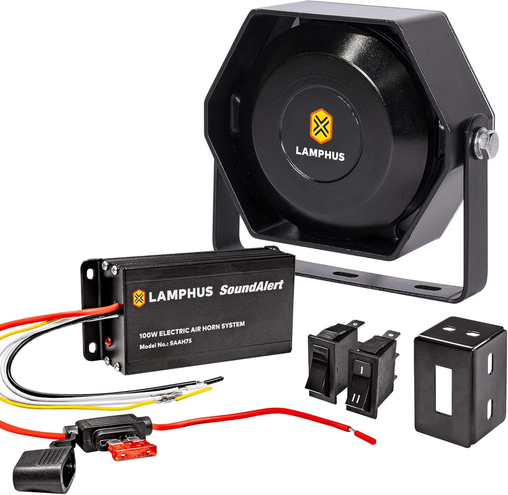 LAMPHUS SoundAlert 12V 100W Electric Police Air Horn Kit [Slim Speaker] [118-124dB] [Hands-Free] Train Truck Police Siren Horn for Vehicles Truck UTV ATV Car POV