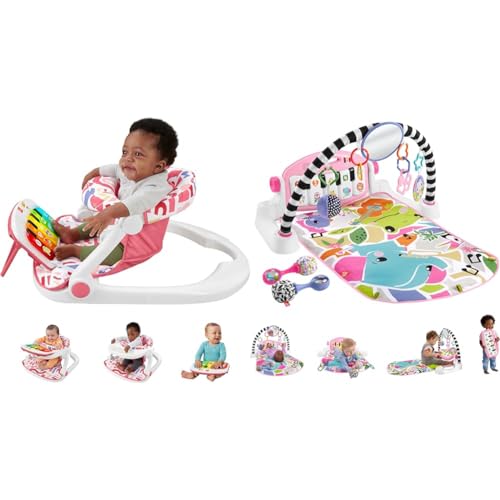 Fisher-Price Portable Baby Chair, Pink Kick & Play Deluxe Sit-Me-Up Seat with Piano Toy & Snack Tray O7962