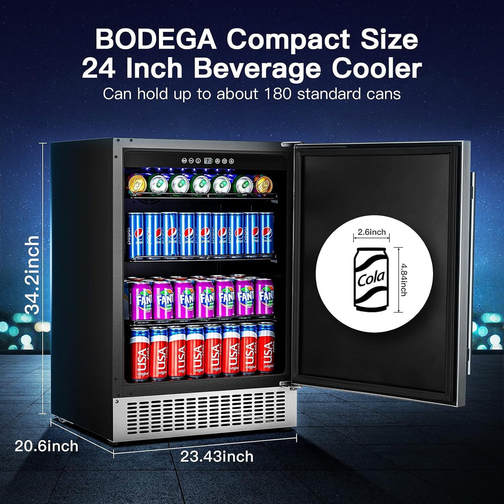 BODEGA Beverage Cooler 24 Inch, Built-in Freestanding Refrigerator, Stainless Steel A517462