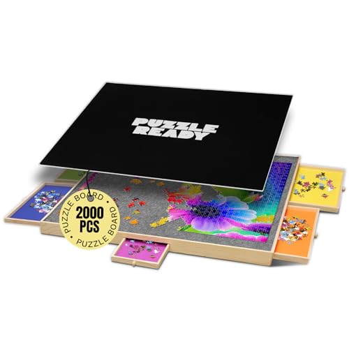 Puzzle Board with Drawers & Cover for 1000 Pieces, Wooden Jigsaw Table with Lazy Susan Spinning Cover X435