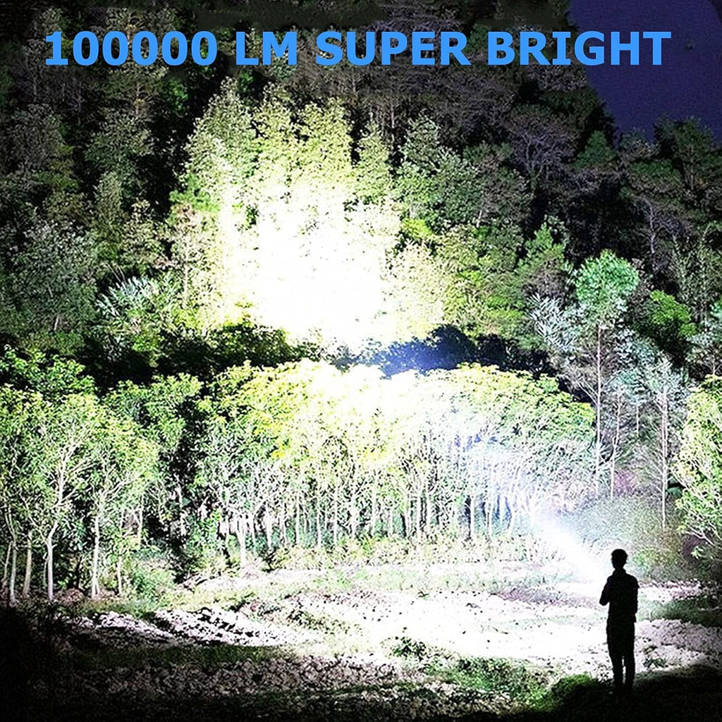 Tactical LED Flashlight 100000 Lumen Rechargeable with Battery USB Cable Q740379