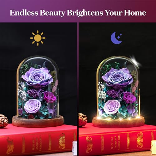 Forever Fresh Rose Flower Bouquet in Glass Dome, Preserved Purple Flowers J370