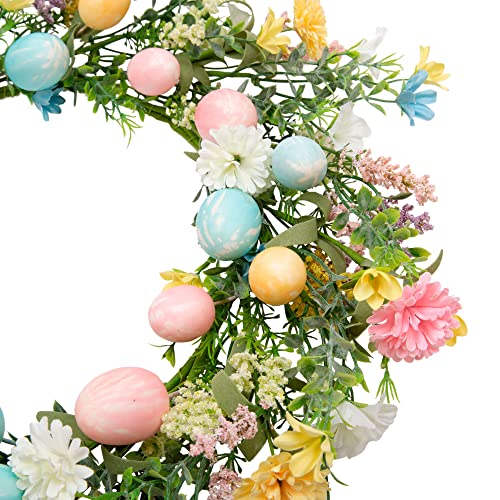18 inch Easter Egg Wreath for Front Door with Pastel Eggs and Twigs I6652