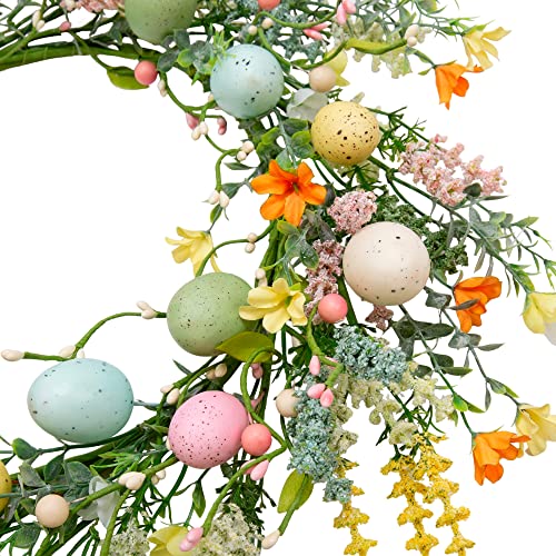 18 inch Easter Egg Wreath for Front Door with Pastel Eggs and Twigs I6652