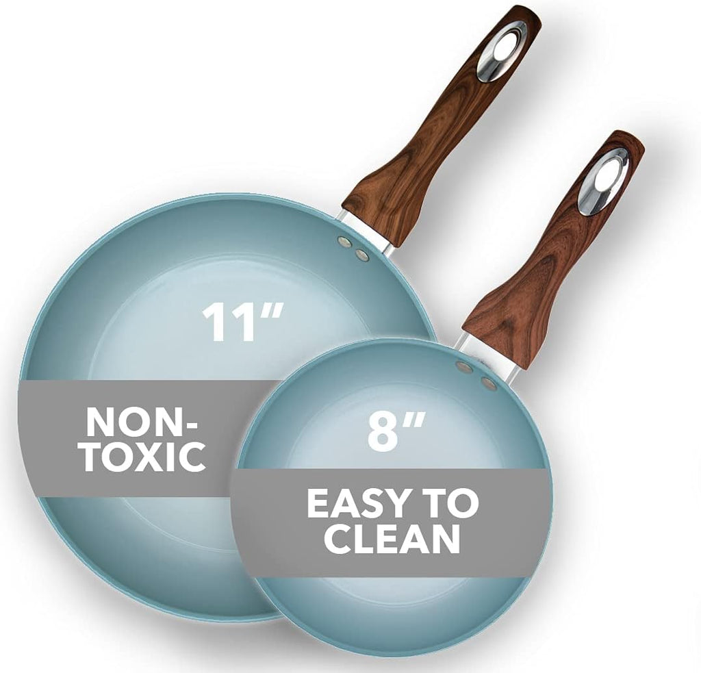 Phantom Chef 8” & 11 Frying Pan Set | Pure Aluminum Nonstick Frying Pan Set With Easy Clean Ceramic Coating | Soft Touch Stay Cool Handle | PTFE PFOA Lead and Cadmium Free Fry Pan | 2 Piece | Yellow