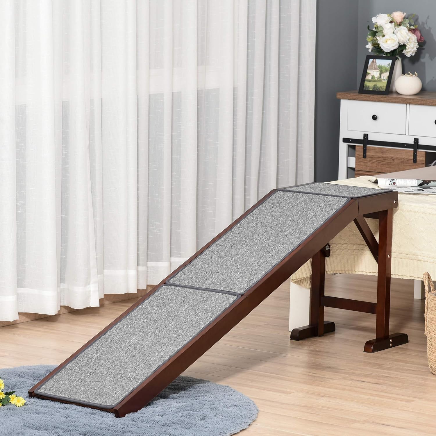 PawHut Dog Ramp Non-Slip Carpet Top Pine Wood 74L x 16W x 25H, Brown Grey M847