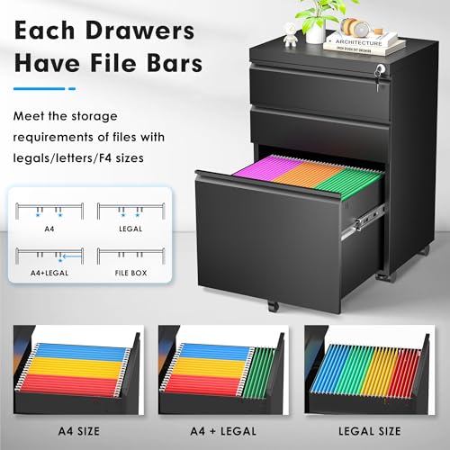 Greenvelly 3 Drawer Mobile File Cabinet with Lock, Black Z901