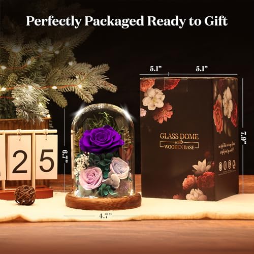 Forever Fresh Rose Flower Bouquet in Glass Dome, Preserved Purple Flowers J370