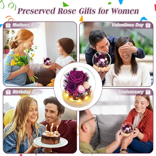 Preserved Real Rose in Glass Dome with LED Light for Women D176155