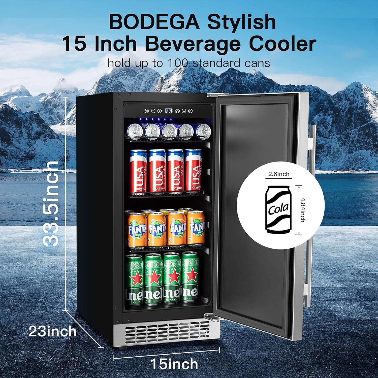 BODEGA Beverage Cooler 24 Inch, Built-in Freestanding Refrigerator, Stainless Steel A517462