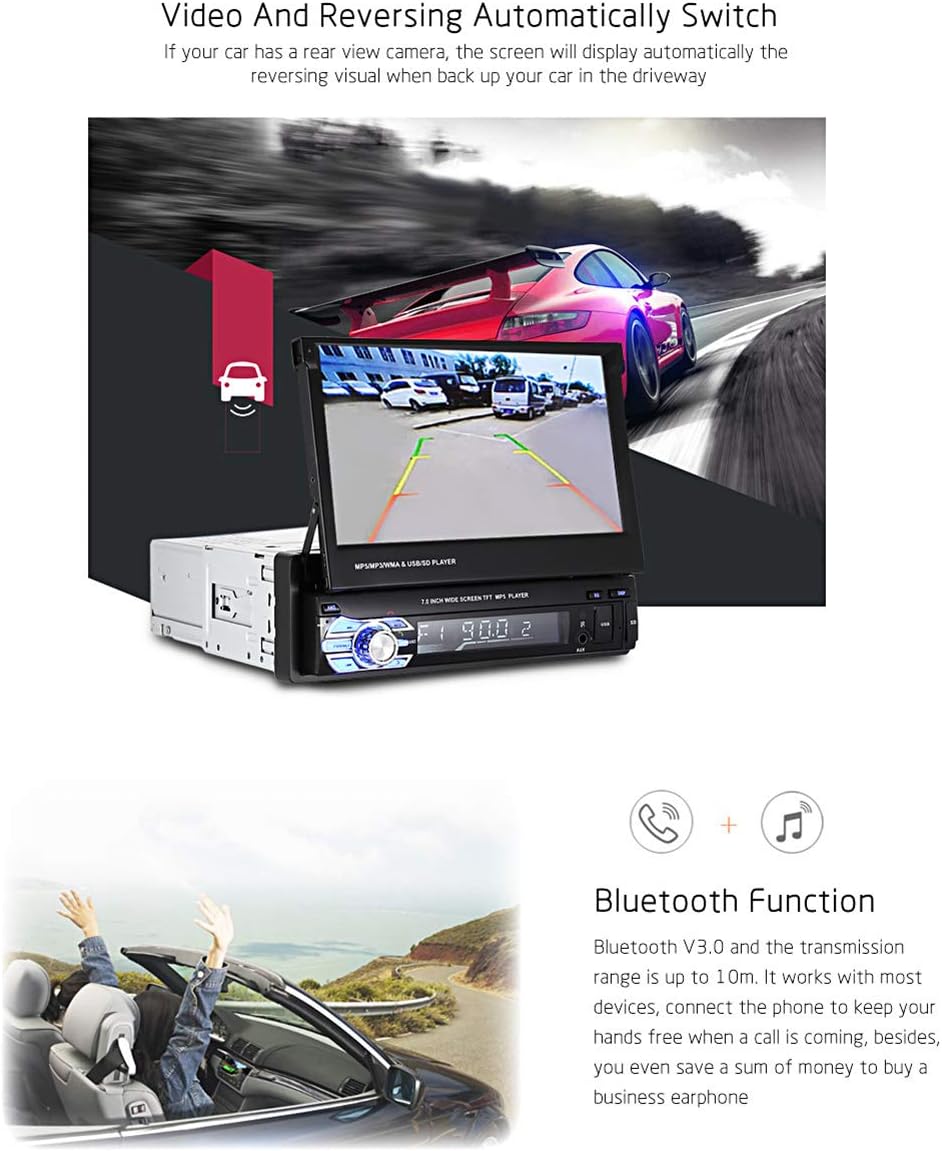 CarThree 7 Inch Single Din Car Stereo Touch Screen with Bluetooth and Backup Camera Support U39352