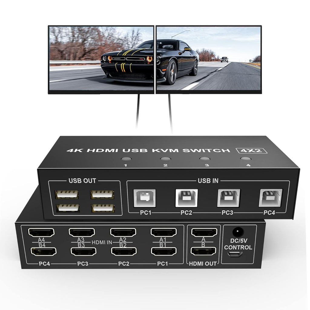 Dual Monitor KVM Switch HDMI 4 Port Extended Display 4K@60Hz KVM Switch 2 Monitors 4 Computers KVM Switch HDMI 4 in 2 Out PC Monitor Keyboard Mouse Switcher with 4 USB Cables USB Power Cord Controller