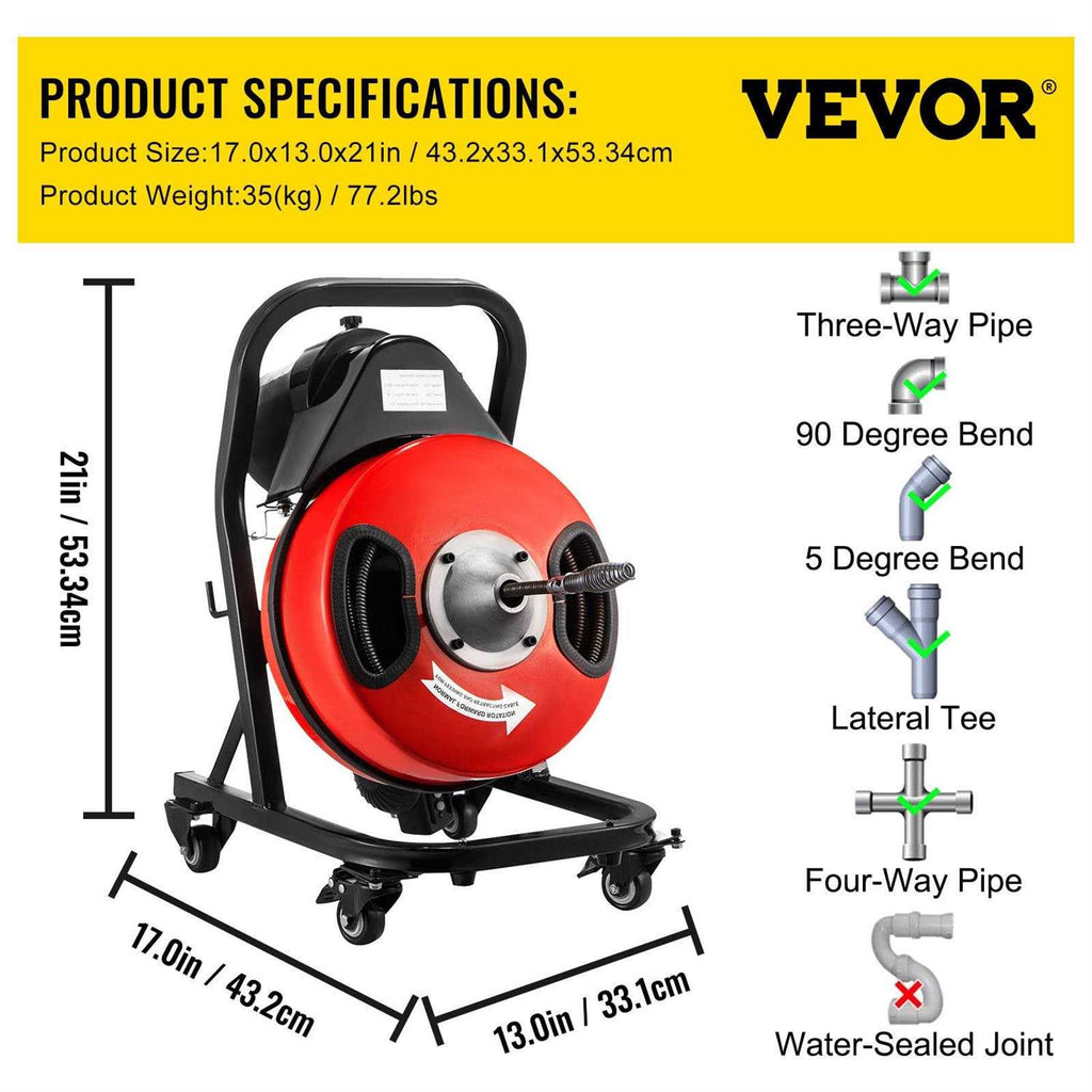 VEVOR Electric Drain Auger 50FT x 1/2In G43649
