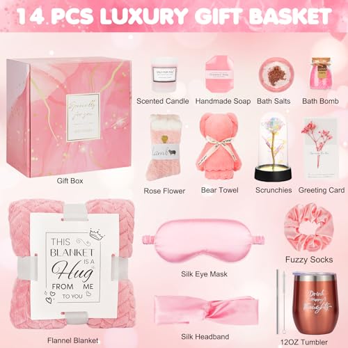 Relaxing Spa Gifts Care Package with Luxury Flannel Blanket and Light-Up Rose V553