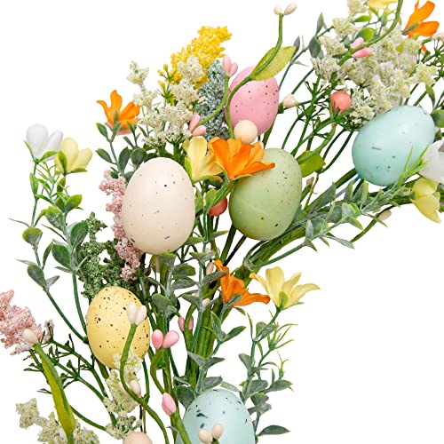 18 inch Easter Egg Wreath for Front Door with Pastel Eggs and Twigs I6652