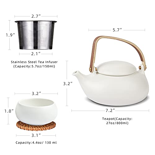 ZENS Modern Japanese Tea Set 27 oz Ceramic Teapot with 4 Cups F3504