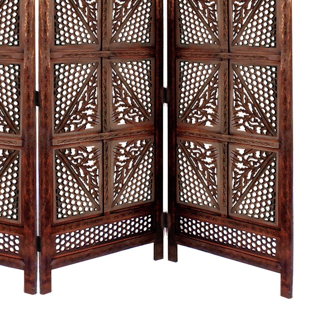Traditional Four Panel Wooden Room Divider with Hand Carved Details, Antique Brown M13518