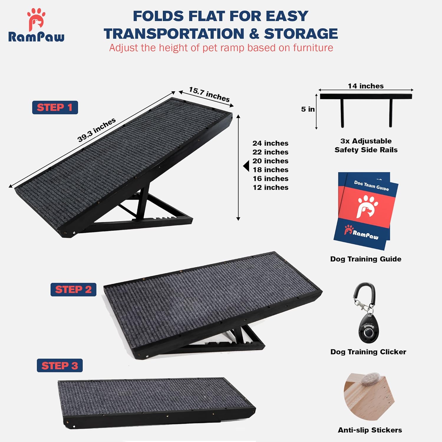 Rampaw Adjustable Pet Ramp for Small Dogs and Cats, Non-Slip, 12-24 in, Black T447371