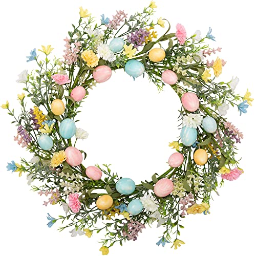 18 inch Easter Egg Wreath for Front Door with Pastel Eggs and Twigs I6652