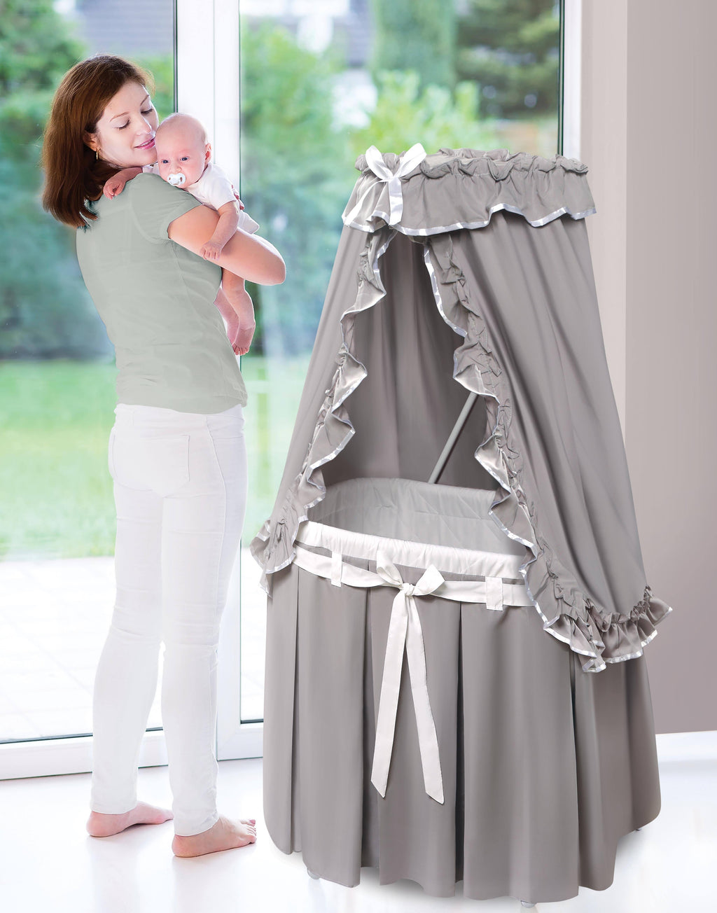 Badger Basket Majesty Baby Bassinet with Canopy Bedding - Gray/White O487
