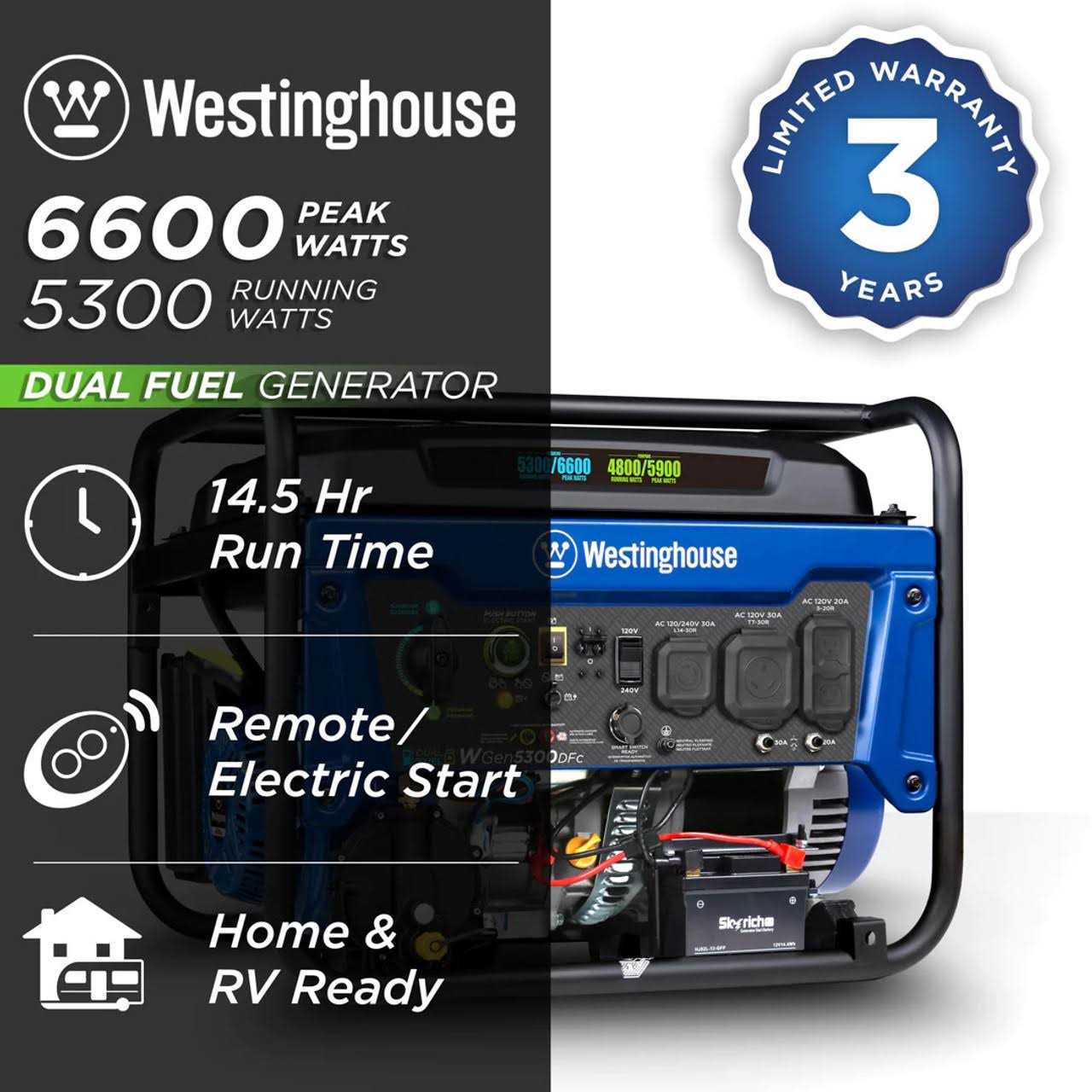 Westinghouse 6600 Watt Dual Fuel Portable Generator G61928