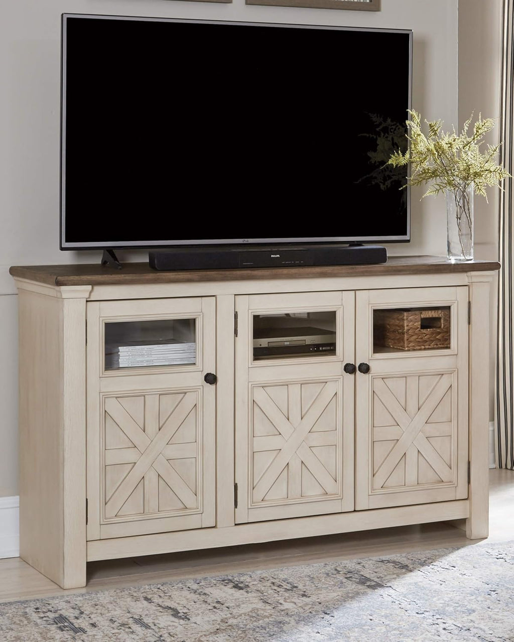 Signature Design by Ashley Bolanburg Farmhouse TV Stand for TVs up to 72, Whitewash A9526