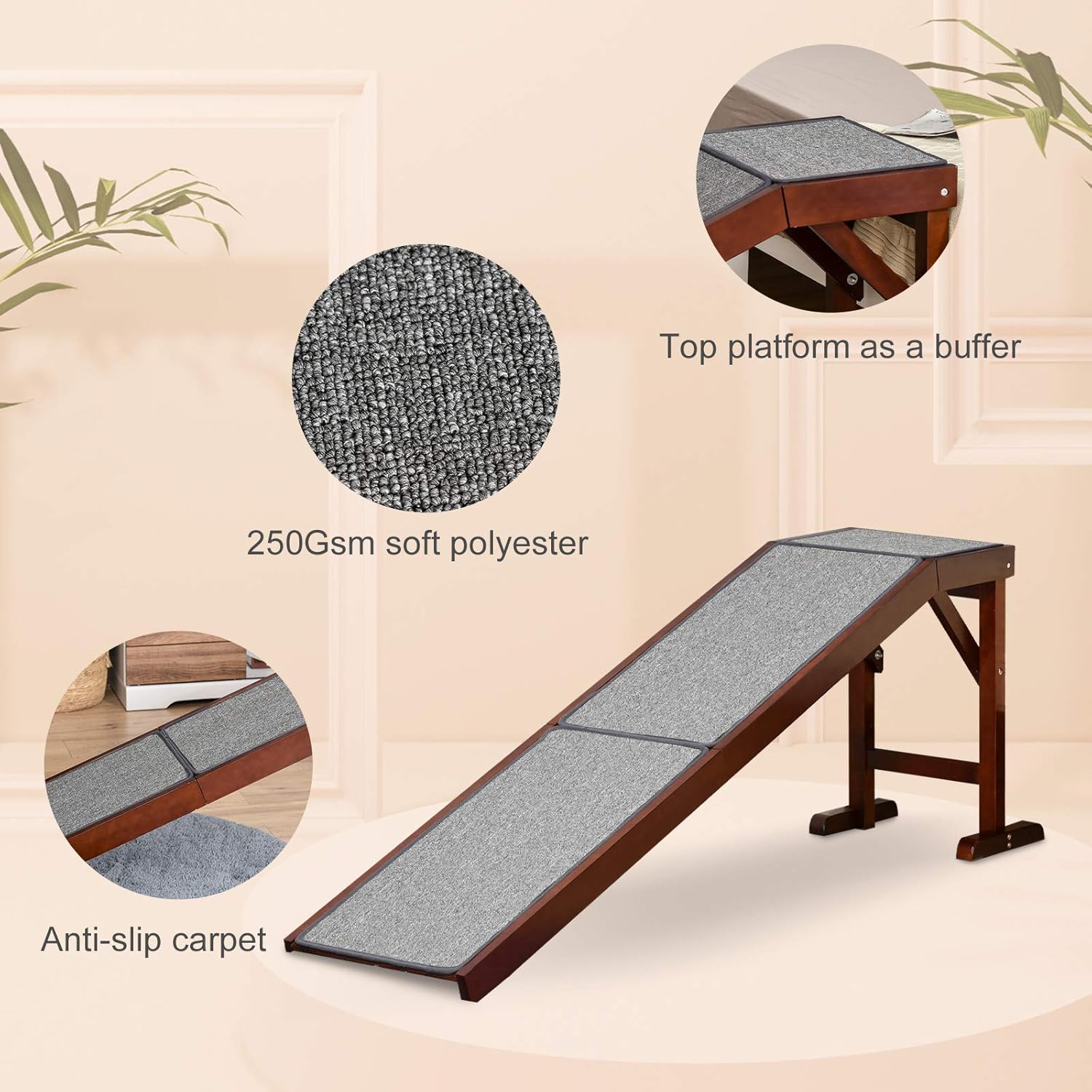 PawHut Dog Ramp Non-Slip Carpet Top Pine Wood 74L x 16W x 25H, Brown Grey M847