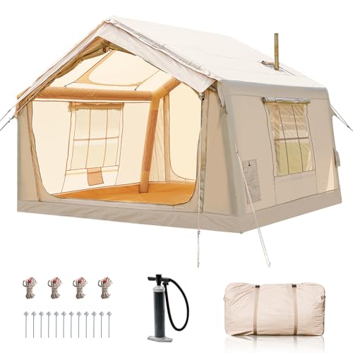 Inflatable Tents for Camping, Blow Up Tent with Hand Pump, Easy Setup Inflatable Hot Tent with Stove Jack, Waterproof Oxford Air Glamping Tents for Camping Adult 4-6 Person