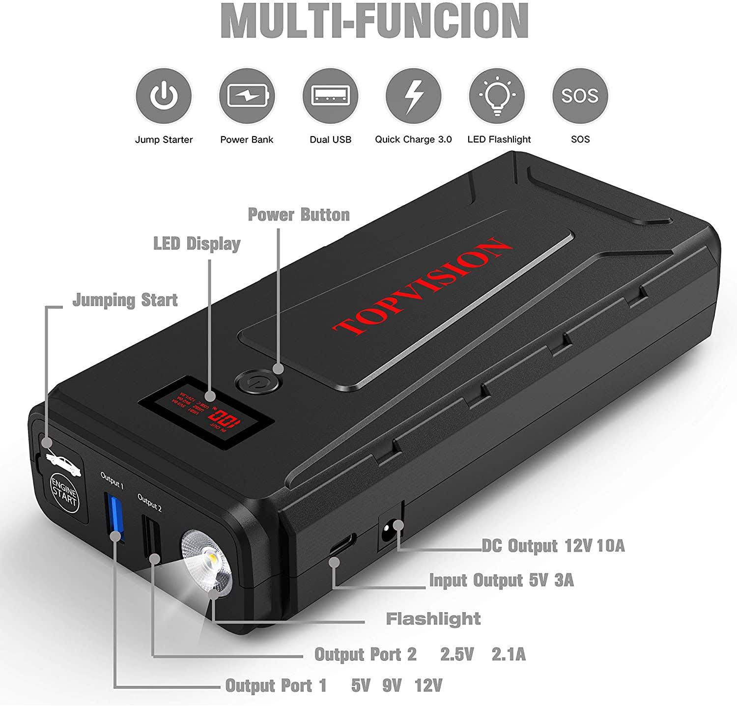 Topvision 2200A Peak 20800mAh Portable Car Battery Starter with USB Quick Charge 3.0 R63530