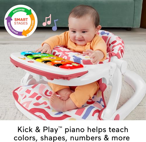 Fisher-Price Portable Baby Chair, Pink Kick & Play Deluxe Sit-Me-Up Seat with Piano Toy & Snack Tray O7962