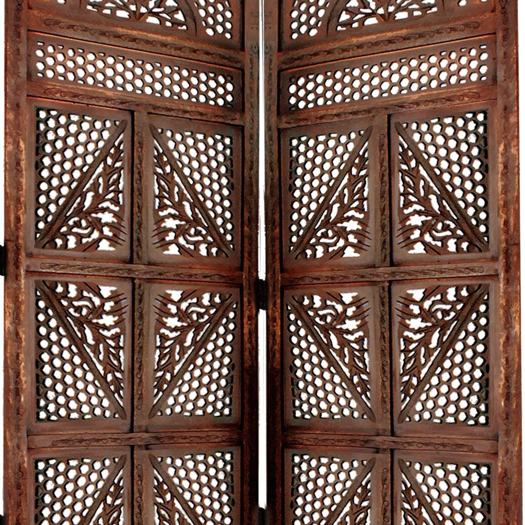 Traditional Four Panel Wooden Room Divider with Hand Carved Details, Antique Brown M13518