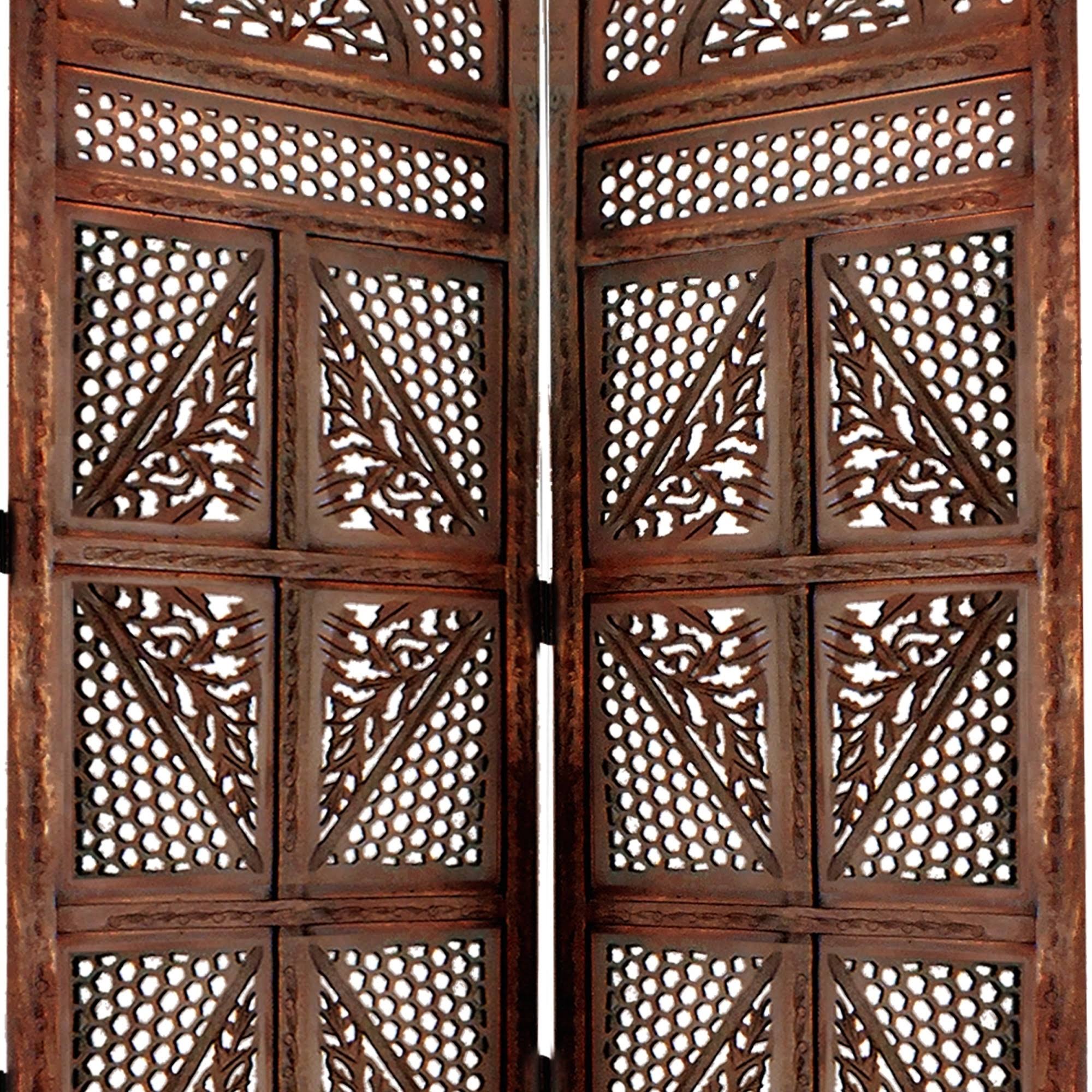 Traditional Four Panel Wooden Room Divider with Hand Carved Details, Antique Brown M13518